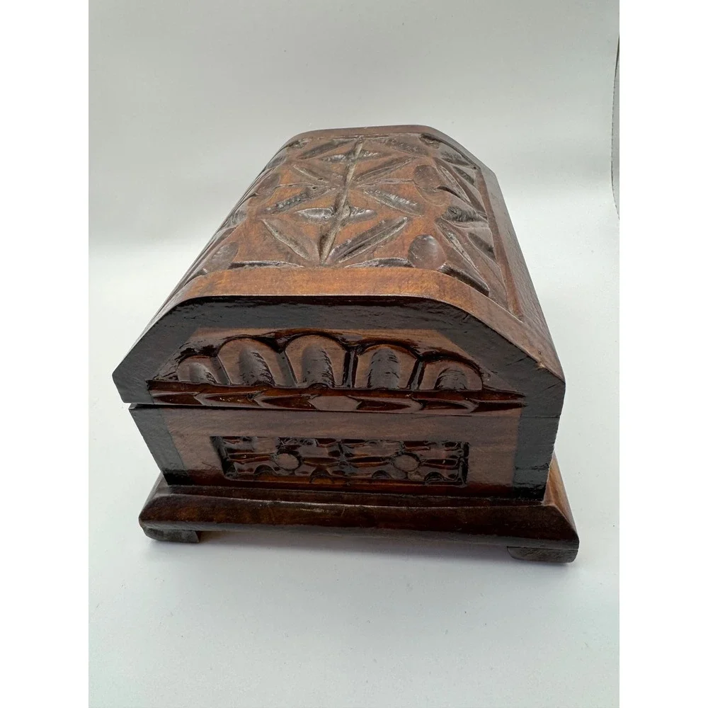 Hand Carved Wooden Jewelry Box Domed Lid Geometric Trinket Keepsake Chest Brown